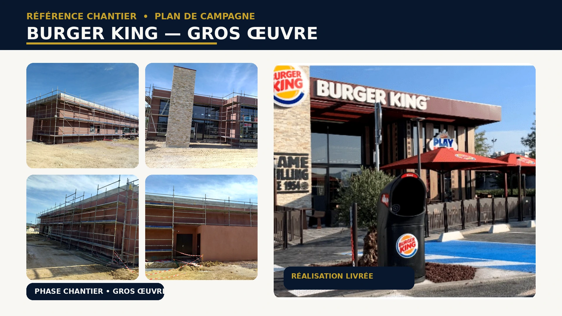 Quatre étapes du gros œuvre et bâtiment Burger King livré à Plan de Campagne